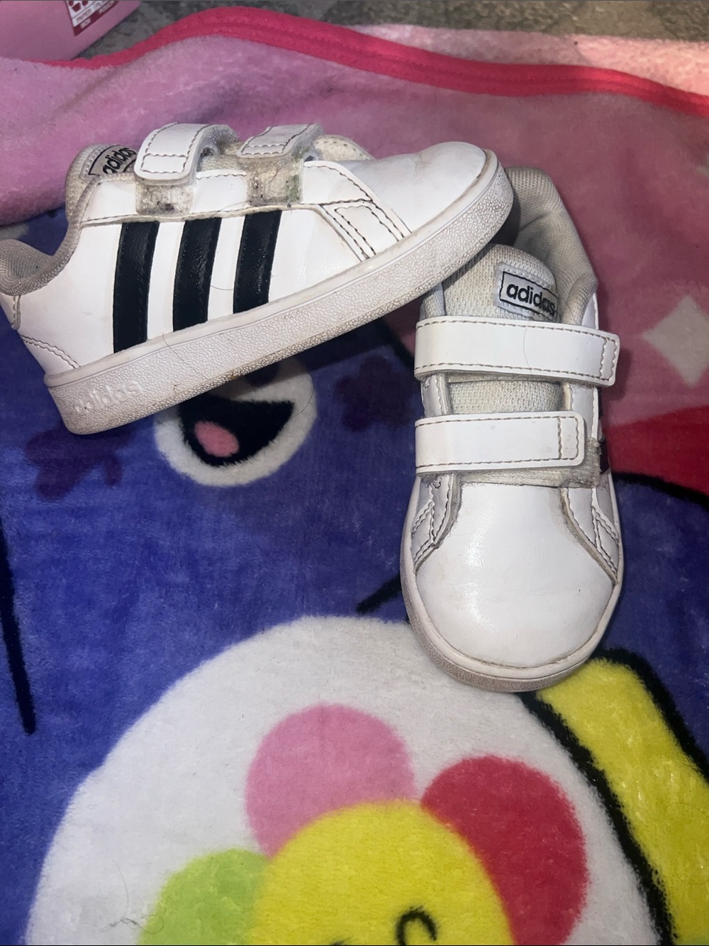 adidas White Sneakers with Black Stripes — Kids Velcro Trainers